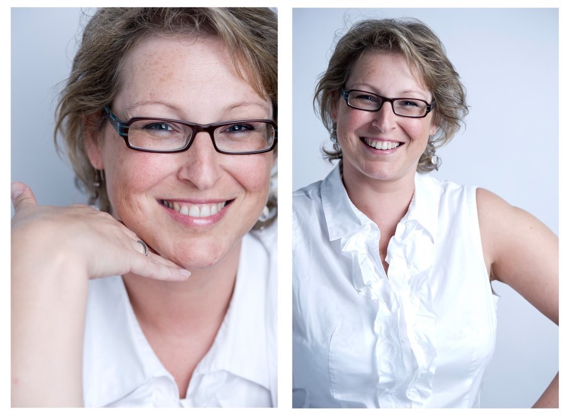 2 portretfoto's naast elkaar van Ilse Van den Daele in witte bloes
