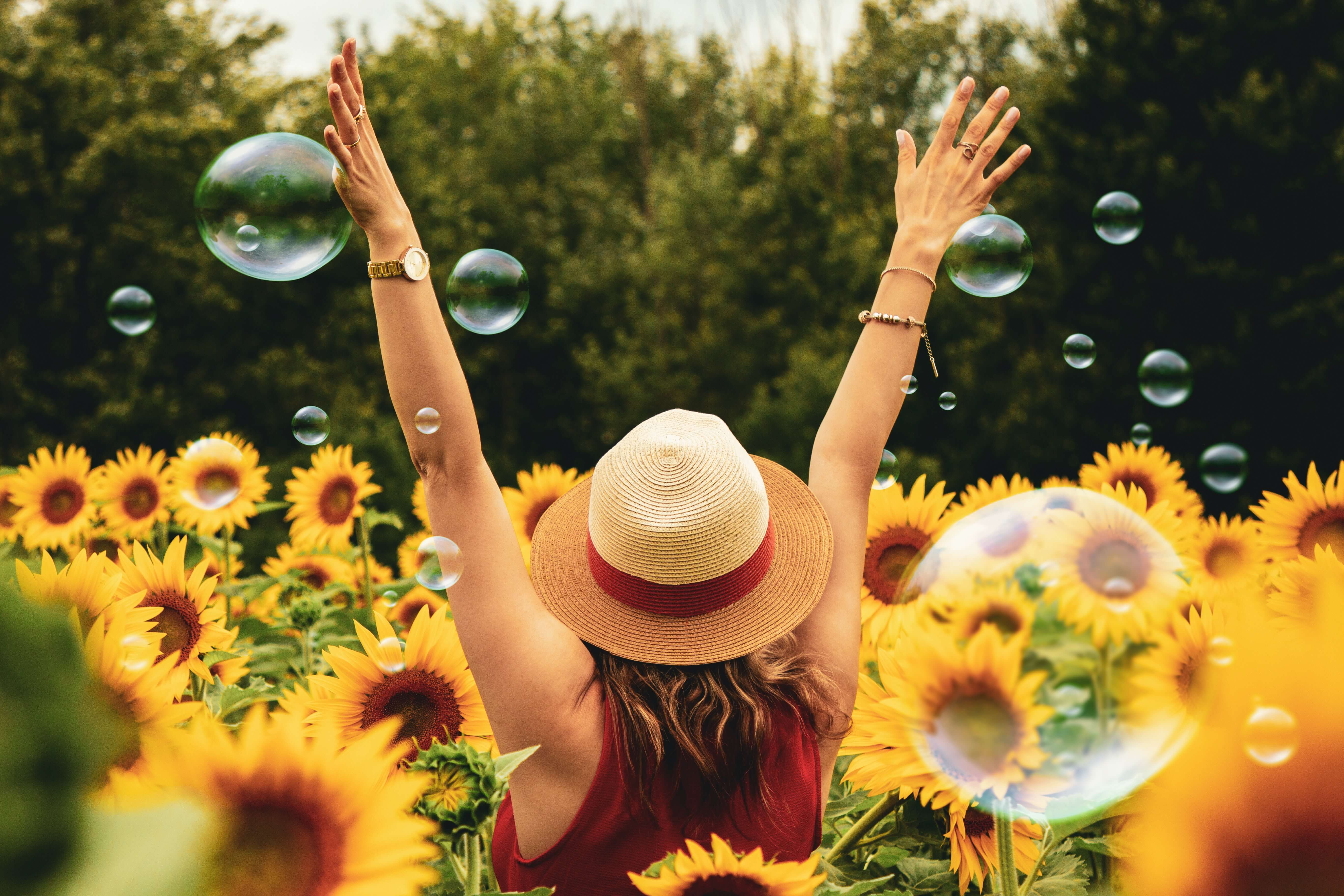 Vrouw in veld bloeiende zonnebloemen