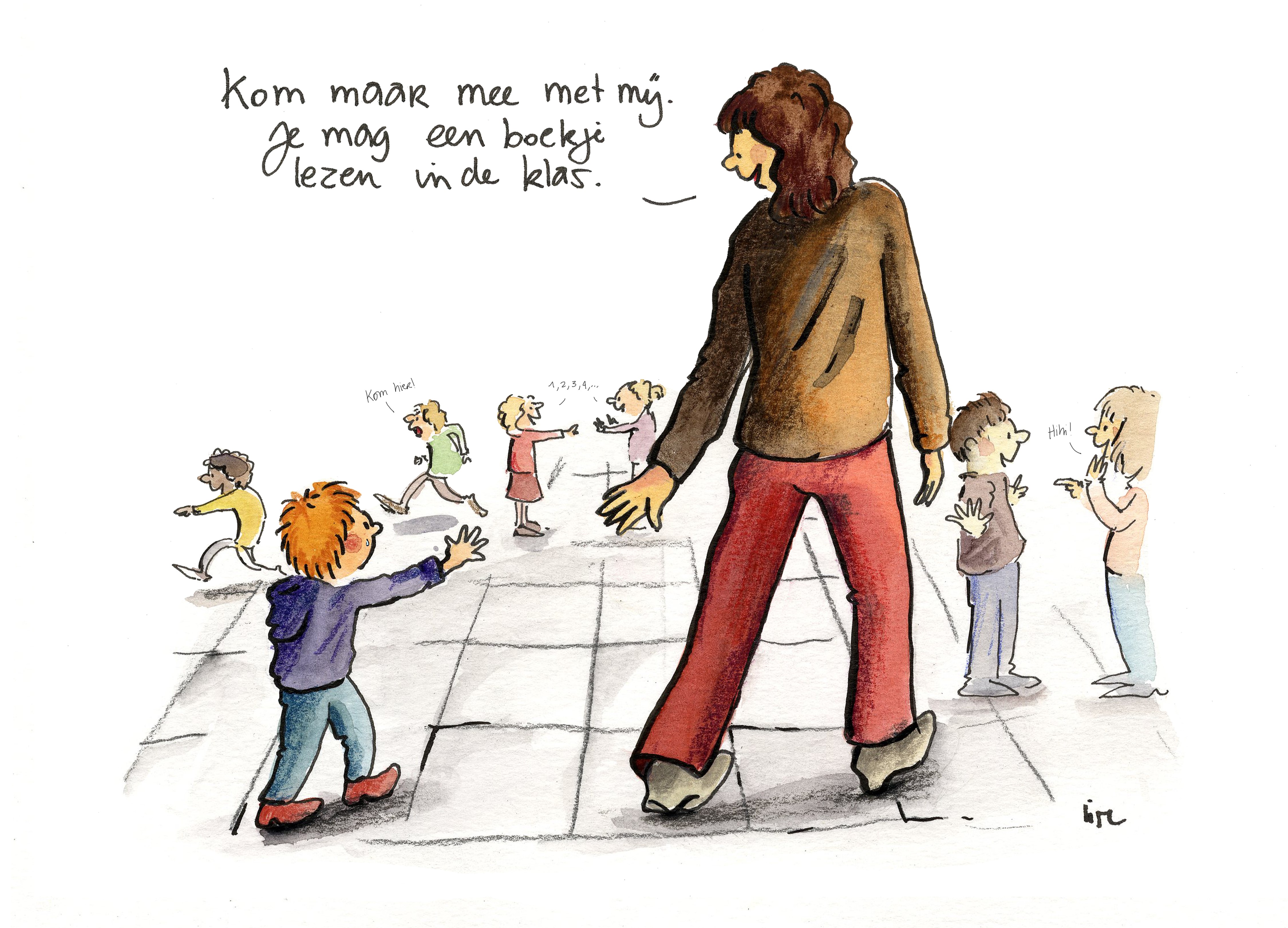 Cartoon de andere kinderen zijn zo luid; kom maar lezen in de klas