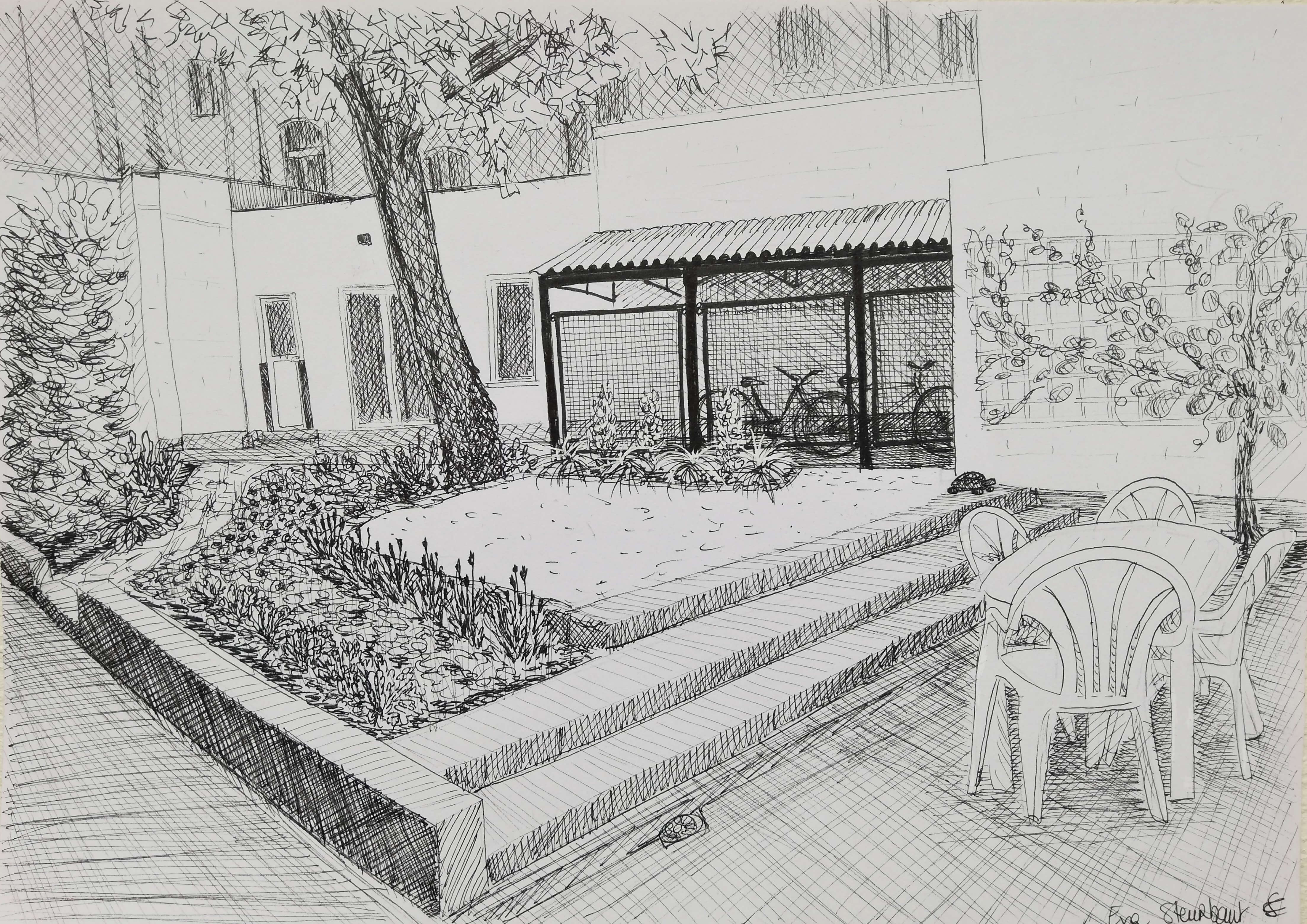 Impressie van de tuin, tekening in zwarte inkt door Eva Steurbaut