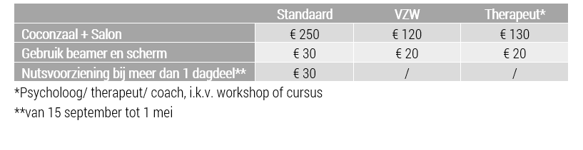 Prijstabel Coconzaal + salon